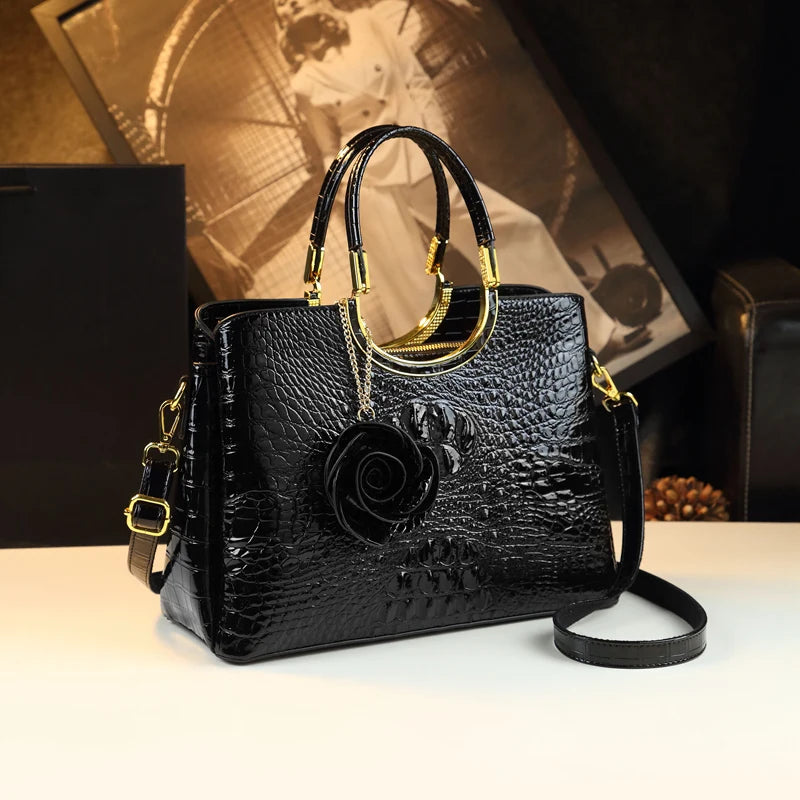 Women's Crocodile Pattern Genuine Leather Top-Handle Handbag with Floral Charm