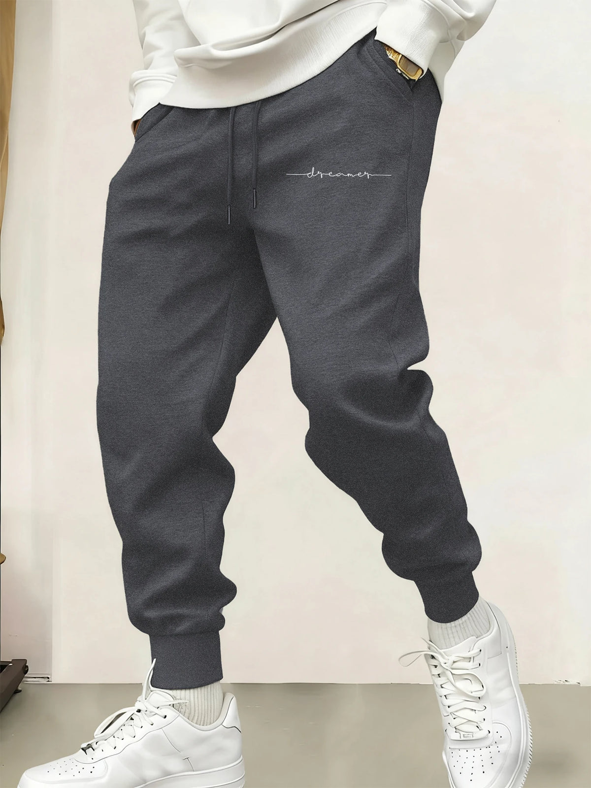 vMen’s Fleece Drawstring Sweatpants – Cursive Graphic Warm Casual Joggers
