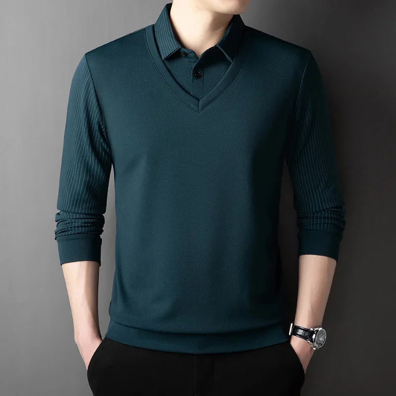 Men’s Long-Sleeve Layered Look Polo Shirt – Business Casual Versatile Top