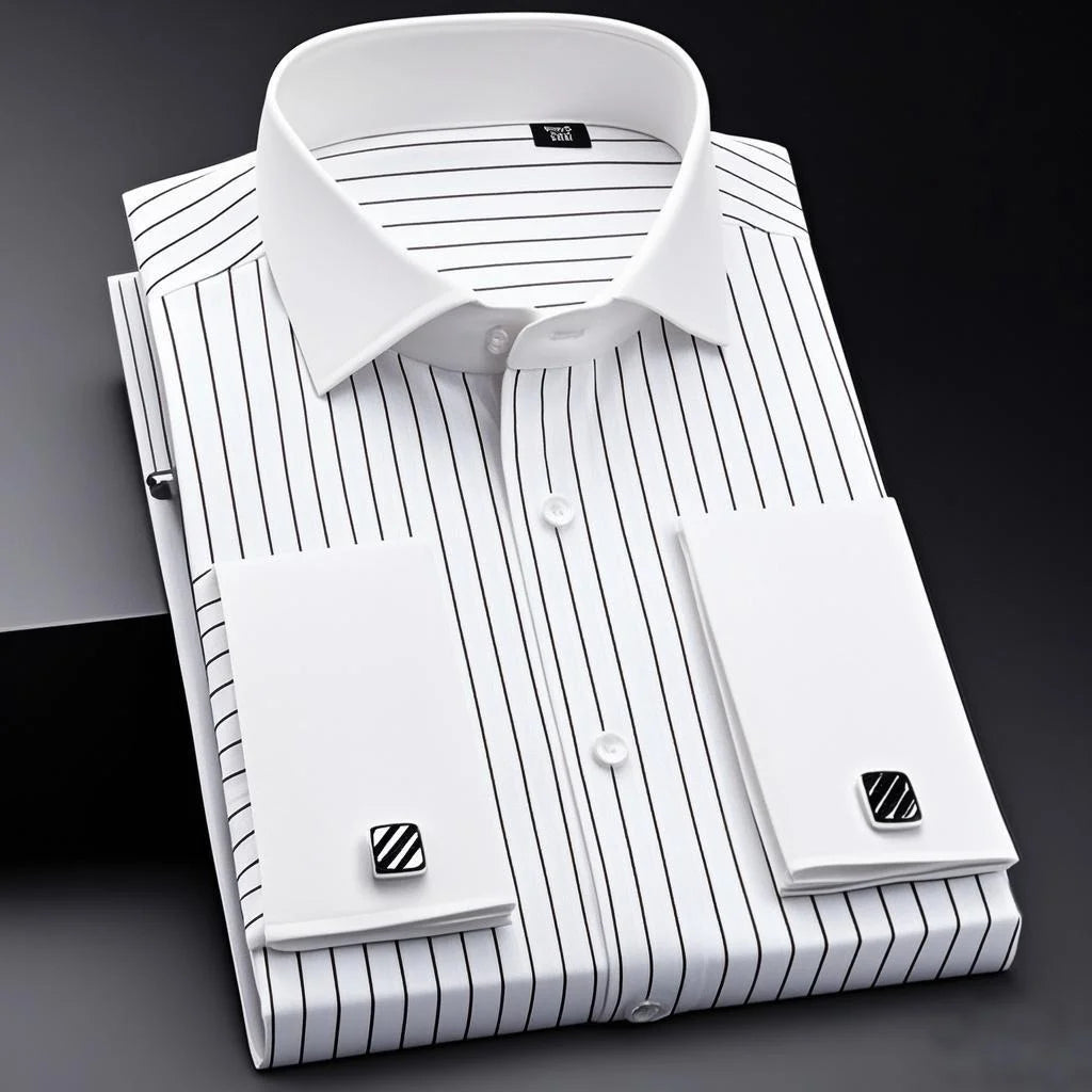 Men's Slim-Fit French Cuff Striped Business Dress Shirt