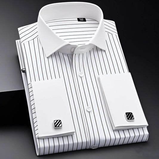 Men's Slim-Fit French Cuff Striped Business Dress Shirt