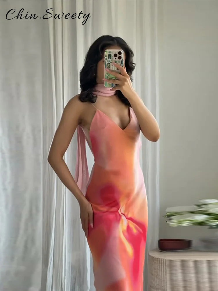 Women's Tie-Dye Print Ribbon V-Neck Sleeveless Sling Maxi Dress