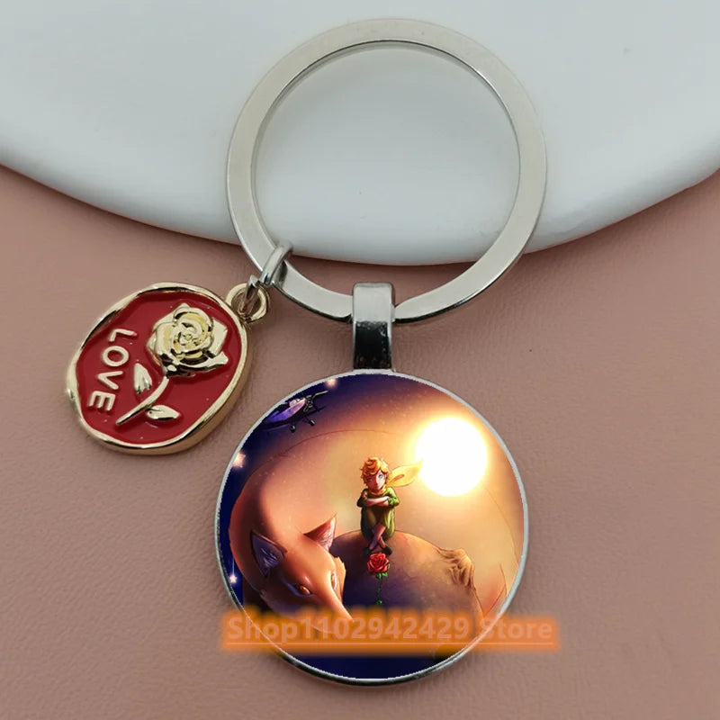 Little Prince Round Glass & Enamel Rose Keychain | DIY Handcrafted Car Keyring & Bag Charm