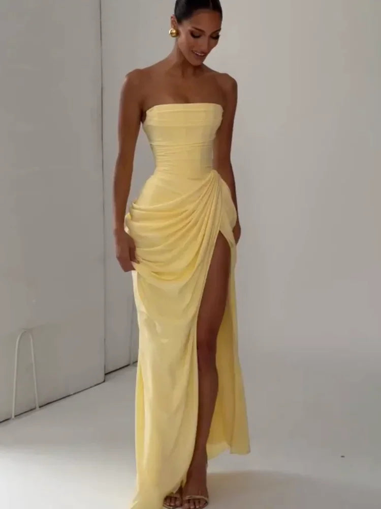 Women Sexy Solid Pleated Strapless Dress Lady Chic Off-shoulder Backless High Waist Split Dresses 2026 New Evening Party Gown