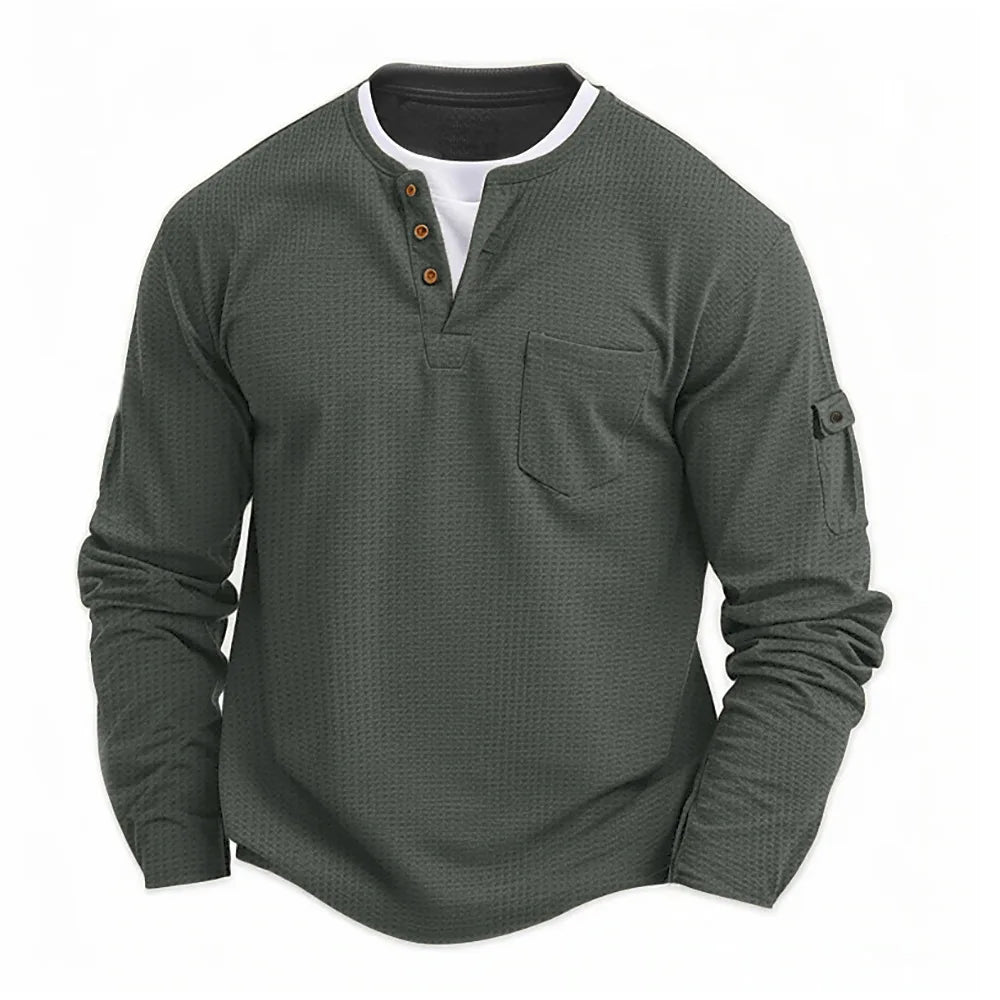 Men's Waffle-Knit Fake Two-Piece Long-Sleeve Henley T-Shirt