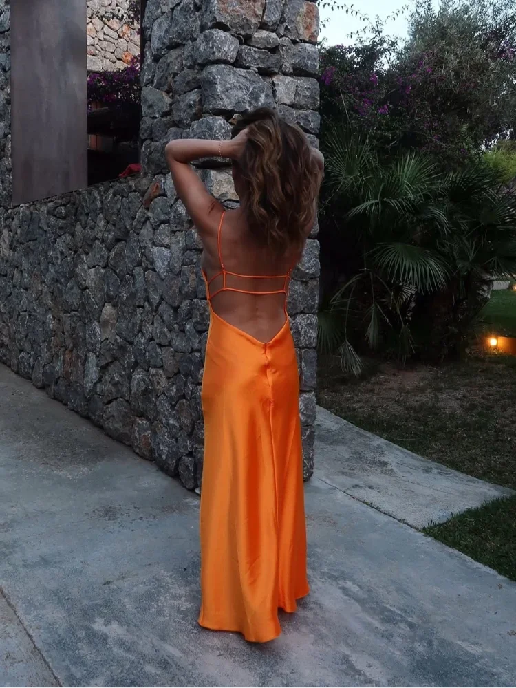 Orange Satin Lace Up Sling Long Dresses Women Fashion V Neck Backless Sleeveless Maxi Robe Summer Female Evening Party Club Gown
