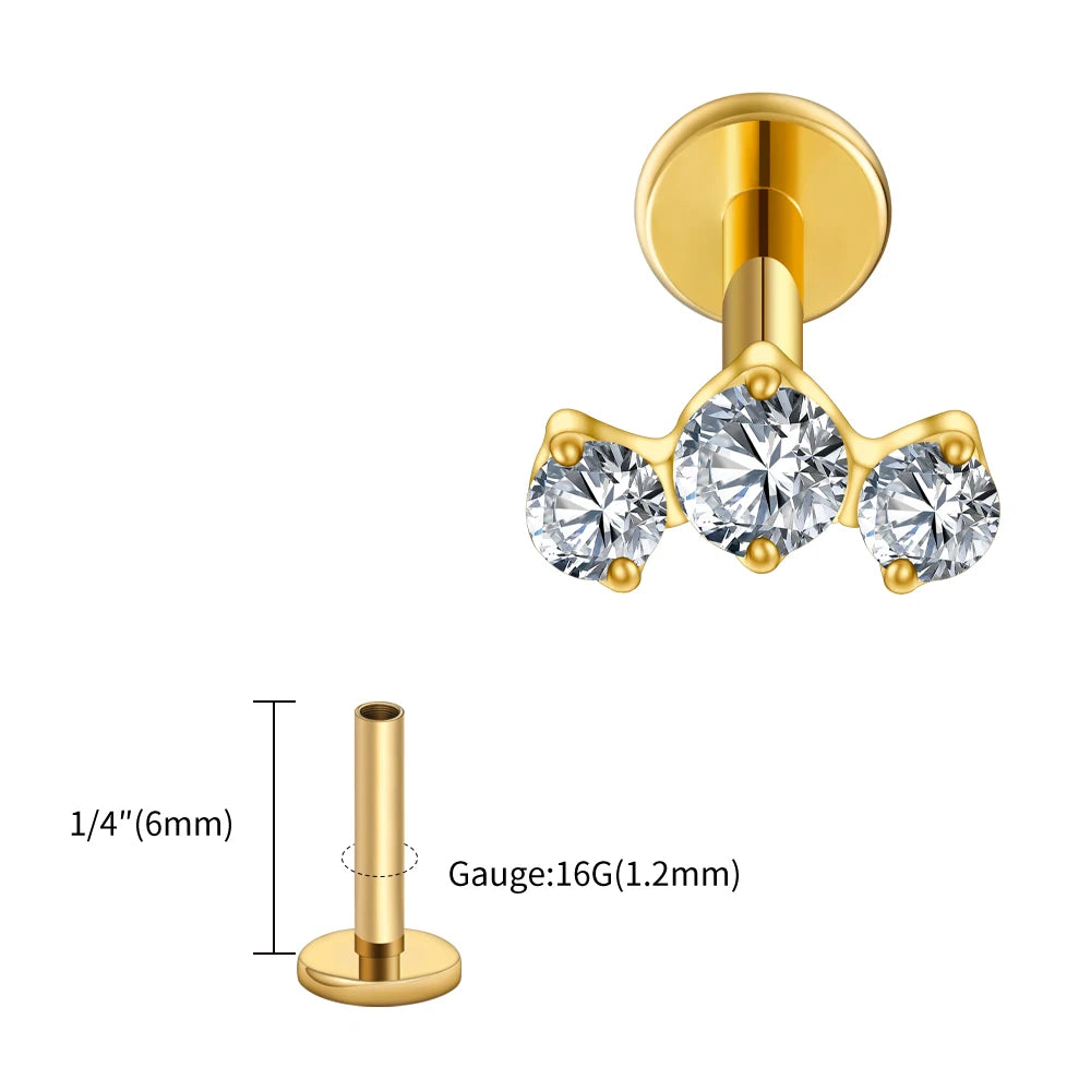 ASTM F136 Titanium 16G Triple CZ Cluster Flat Back Labret Piercing
