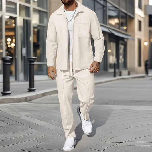 Men's Waffle-Knit Zip Front Lapel Cardigan & Pants Set