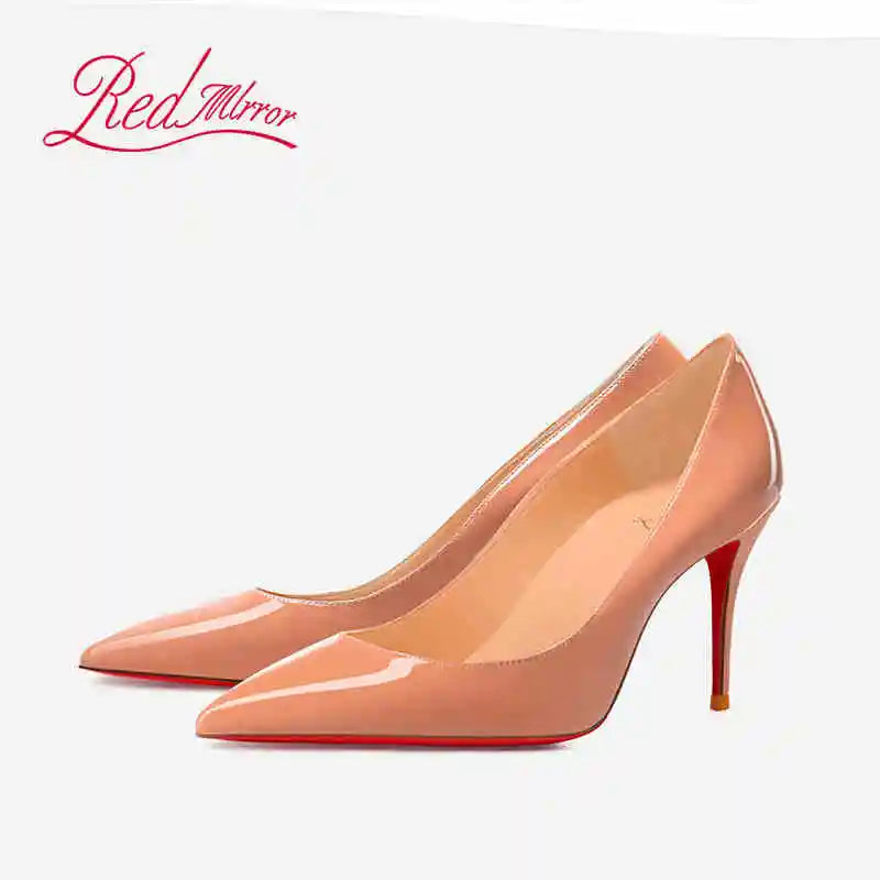 Women's Black Glossy Pointed-Toe Stiletto Pumps with Radiant Red Outsoles
