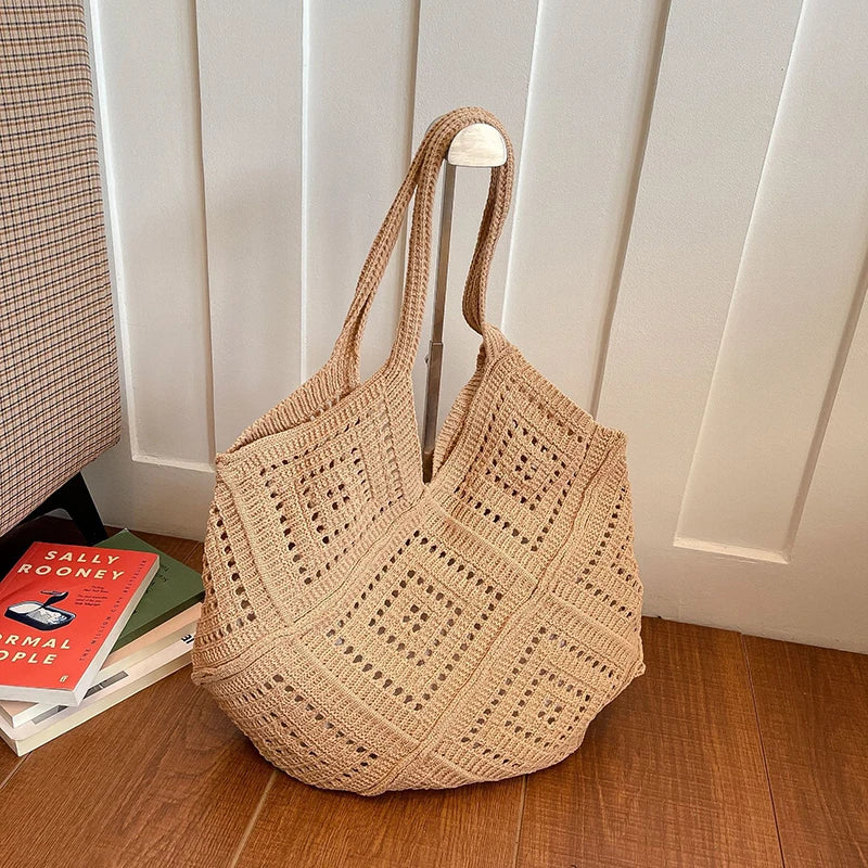 Women's Summer Hand-Woven Yarn Hollow-Out Shoulder Tote Bag