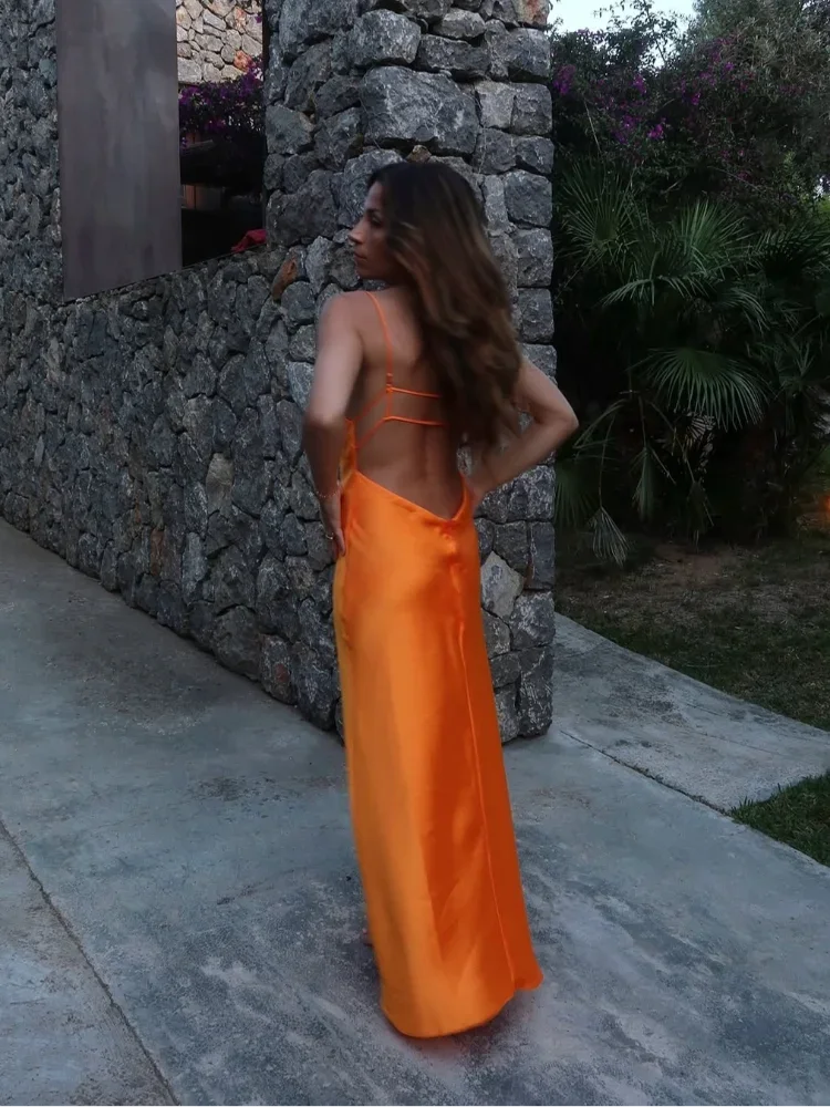 Orange Satin Lace Up Sling Long Dresses Women Fashion V Neck Backless Sleeveless Maxi Robe Summer Female Evening Party Club Gown