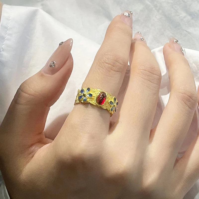 Huitan Luxury Gold Color Blue Flowers Opening Rings with Red Stone for Women Wedding Party Temperament Lady Accessories Jewelry