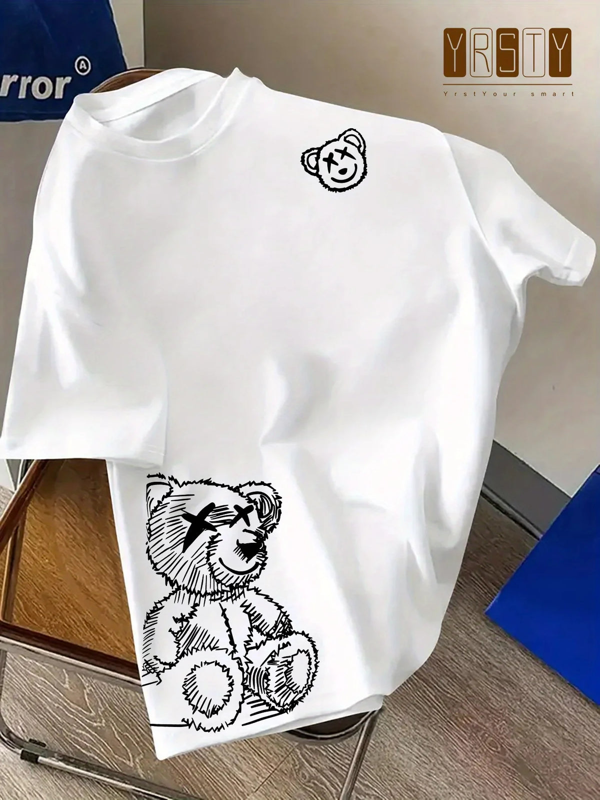 Men's 100% Pure Cotton Cartoon Bear Pattern Printed Casual Loose round Neck Short Sleeved T-Shirt Fashionable Sports Top