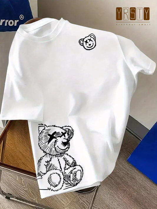 Men's 100% Pure Cotton Cartoon Bear Pattern Printed Casual Loose round Neck Short Sleeved T-Shirt Fashionable Sports Top