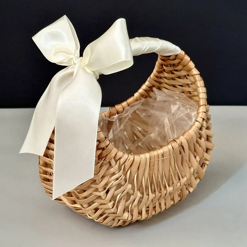 Handmade Woven Rattan Flower & Storage Basket with Ribbon Accent