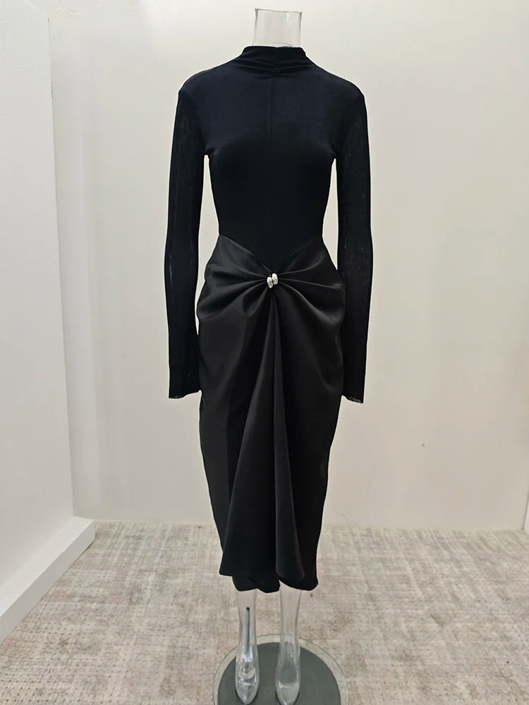 Women's Stand-Collar Metal Buckle Pleated Asymmetrical Evening Maxi Dress