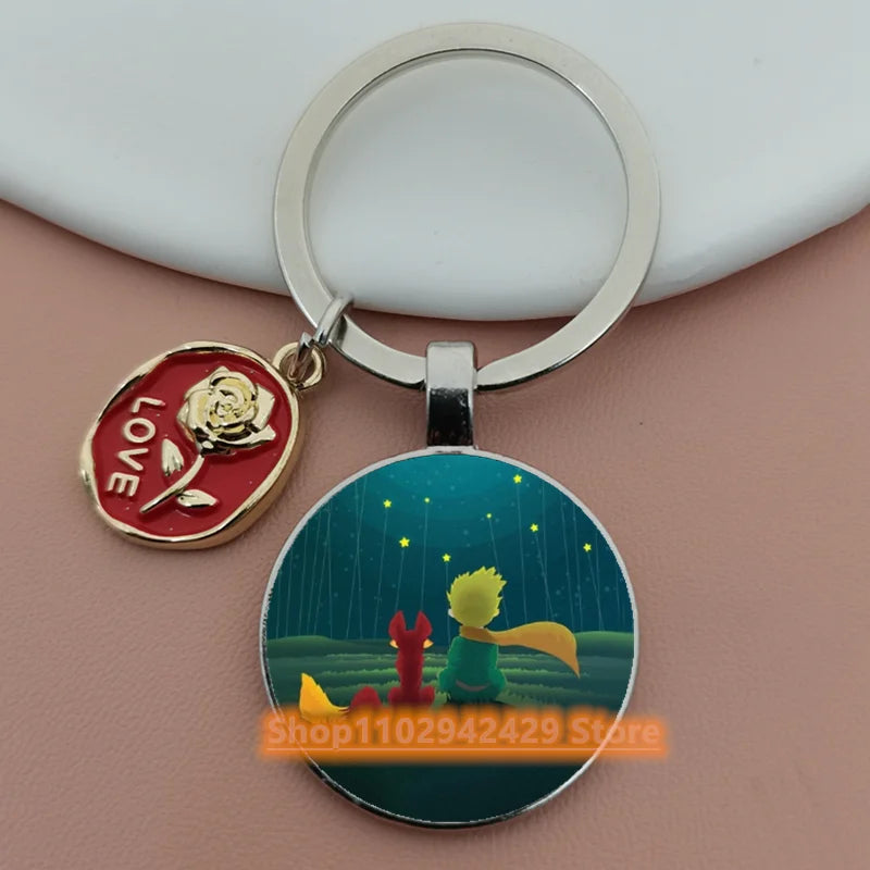 Little Prince Round Glass & Enamel Rose Keychain | DIY Handcrafted Car Keyring & Bag Charm