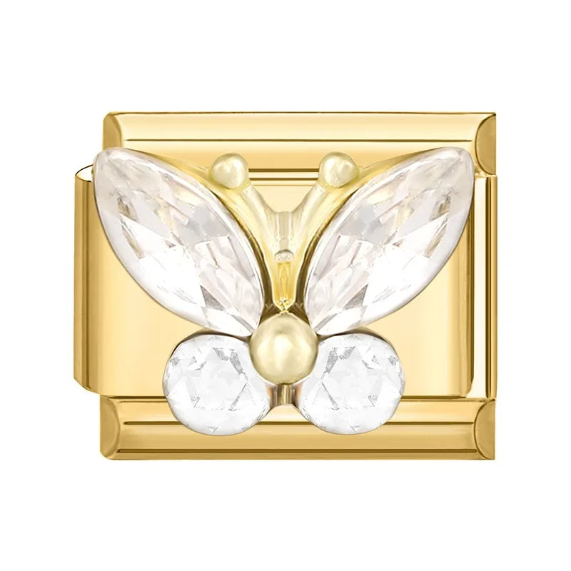 Zircon Heart Bow Butterfly Flowers Gold Color Italian Charm Links Fit 9MM Stainless Steel Bracelet Women Men DIY Making Jewelry