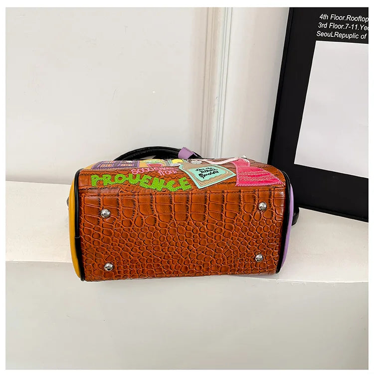 Women's Retro Patchwork Printed PU Leather Shoulder Bag