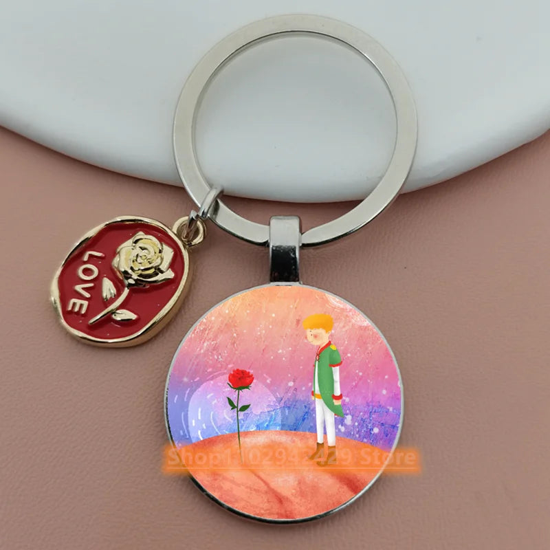 Little Prince Round Glass & Enamel Rose Keychain | DIY Handcrafted Car Keyring & Bag Charm