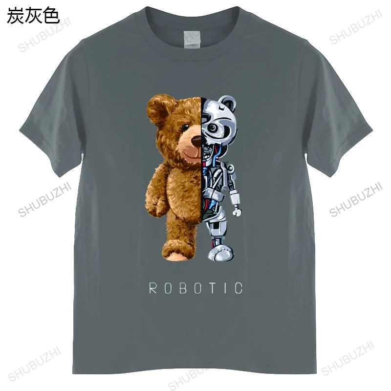 Men’s Robotic Teddy Bear Graphic T-Shirt – 100% Cotton Streetwear Tee