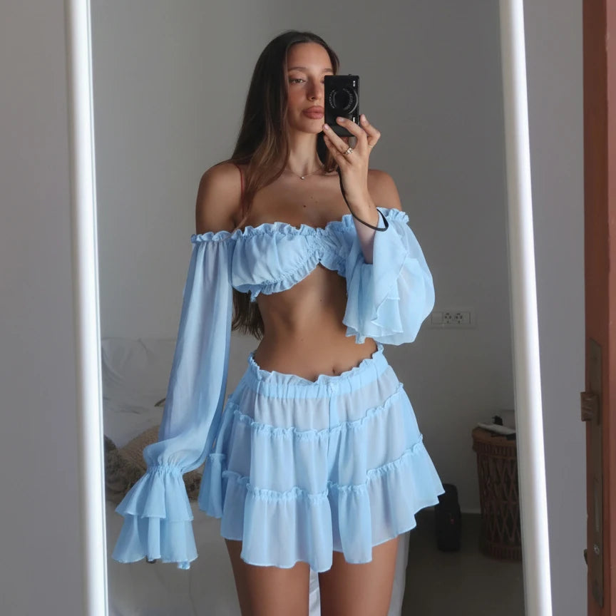 Women's Two-Piece Ruffle Off-The-Shoulder Bandeau & High-Waisted Maxi Skirt Beach Set
