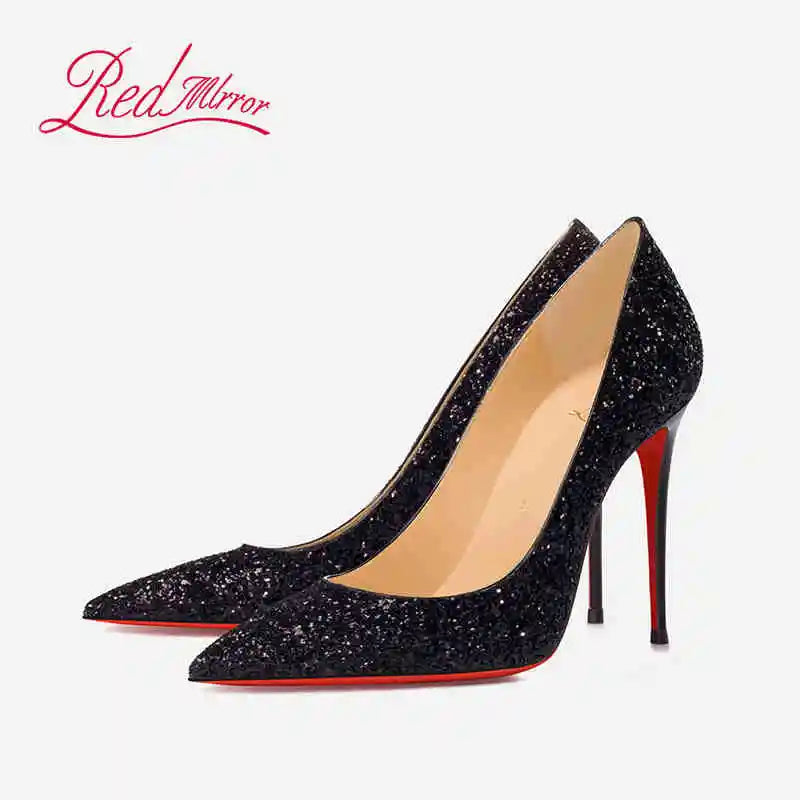 Women's Black Glossy Pointed-Toe Stiletto Pumps with Radiant Red Outsoles