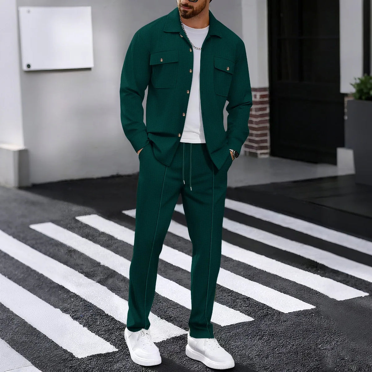 Men's Waffle Check Button Jacket & Pants Set