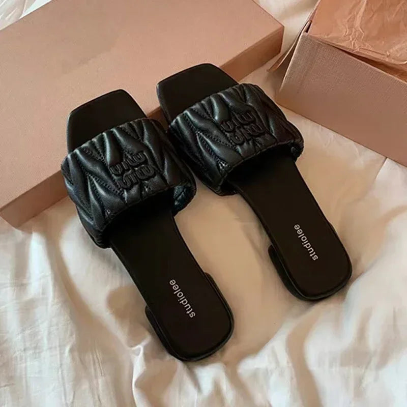 Women's Summer Solid-Color Square-Toe Lightweight Square-Heel Mules & Slides