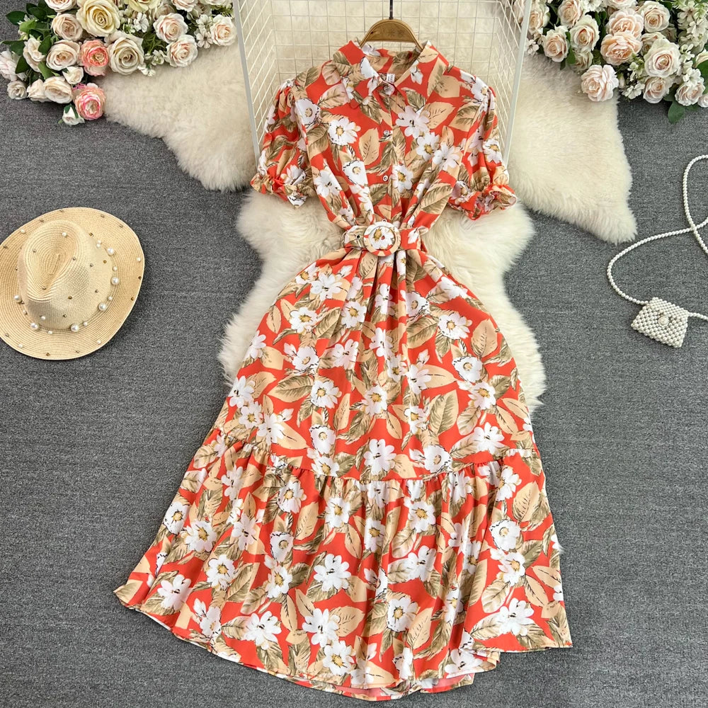 Retro Bubble Sve  Collar Slim Fit Midi Dr Floral Print ort Sve Women's Korean Sle Commute High Waist irt D...