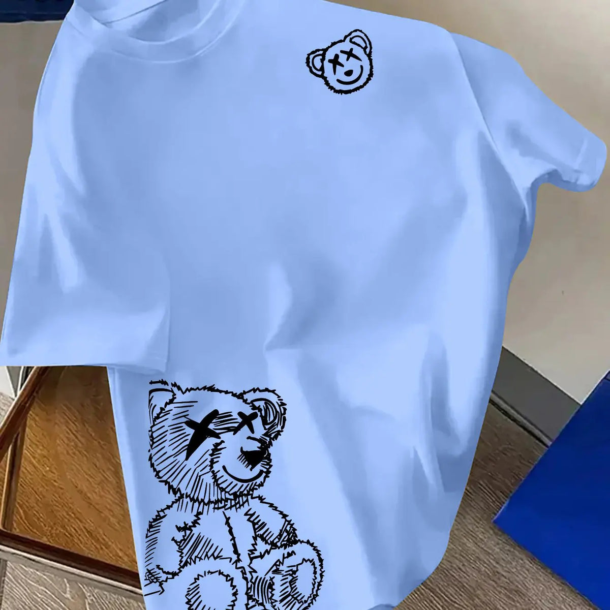 Men's 100% Pure Cotton Cartoon Bear Pattern Printed Casual Loose round Neck Short Sleeved T-Shirt Fashionable Sports Top
