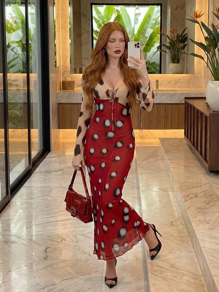Women's Animal Print V-Neck Ruched Drawstring Slip Maxi Dress