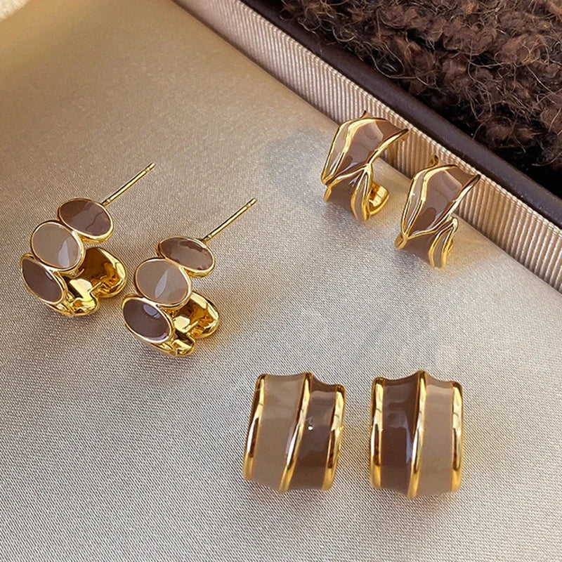 Vintage Brown Resin & Gold-Tone Drip Glaze Geometric Stud Earrings