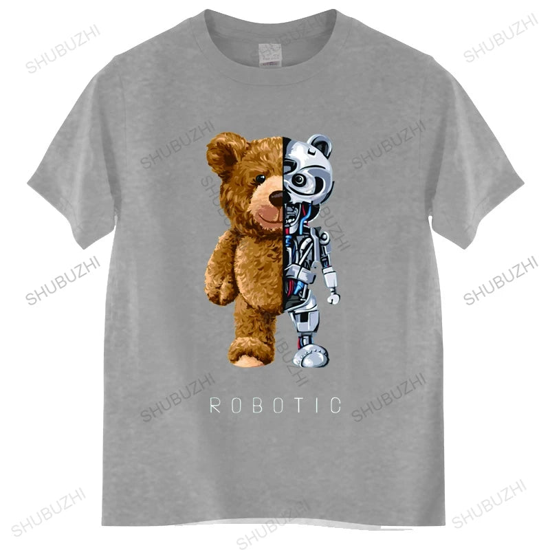 Men’s Robotic Teddy Bear Graphic T-Shirt – 100% Cotton Streetwear Tee