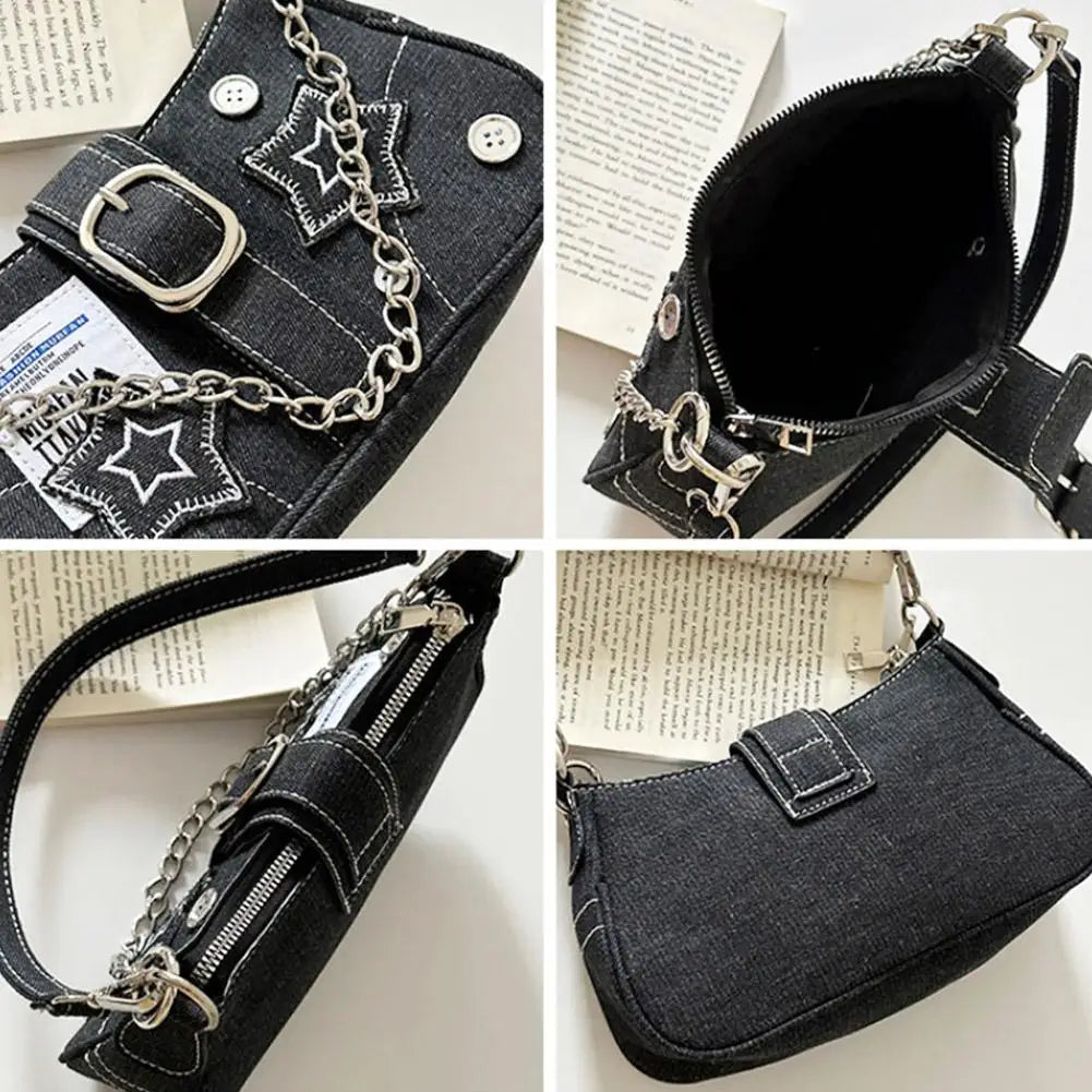 Y2K Denim Star Pattern Rivet Shoulder & Armpit Bag