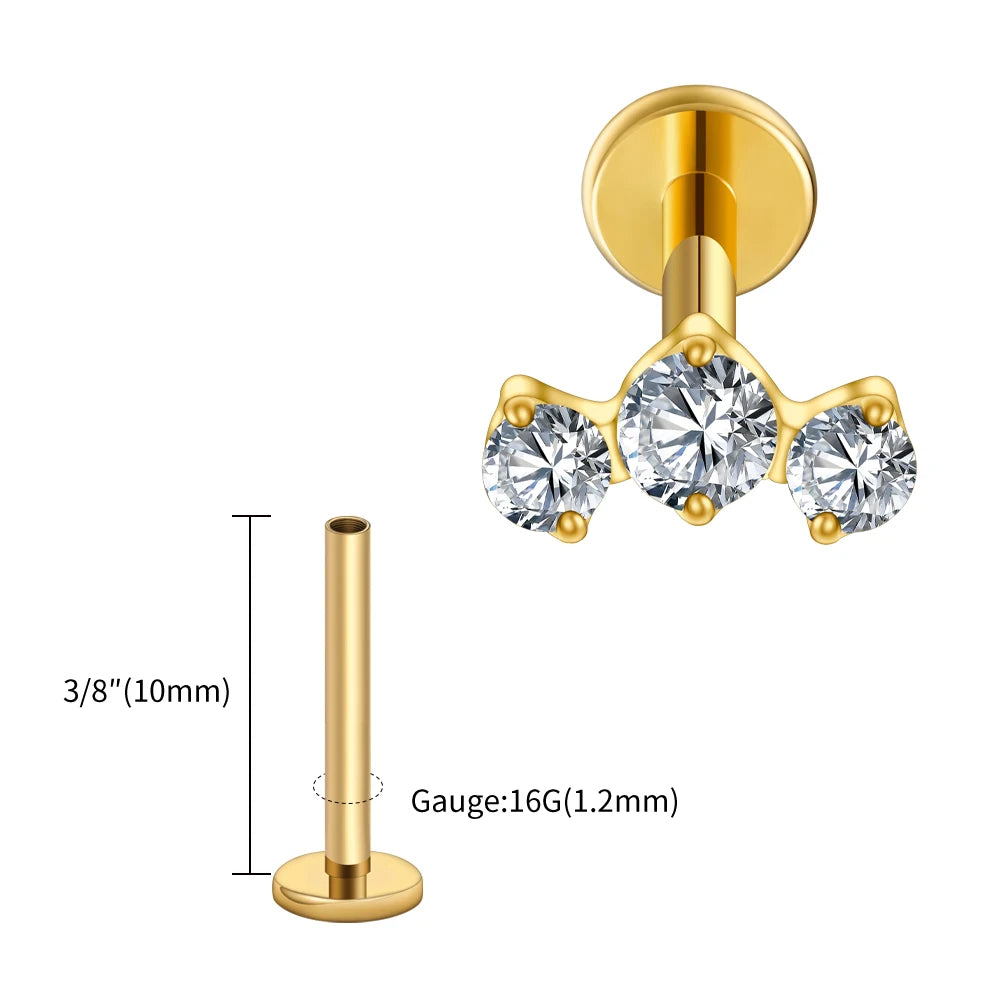 ASTM F136 Titanium 16G Triple CZ Cluster Flat Back Labret Piercing
