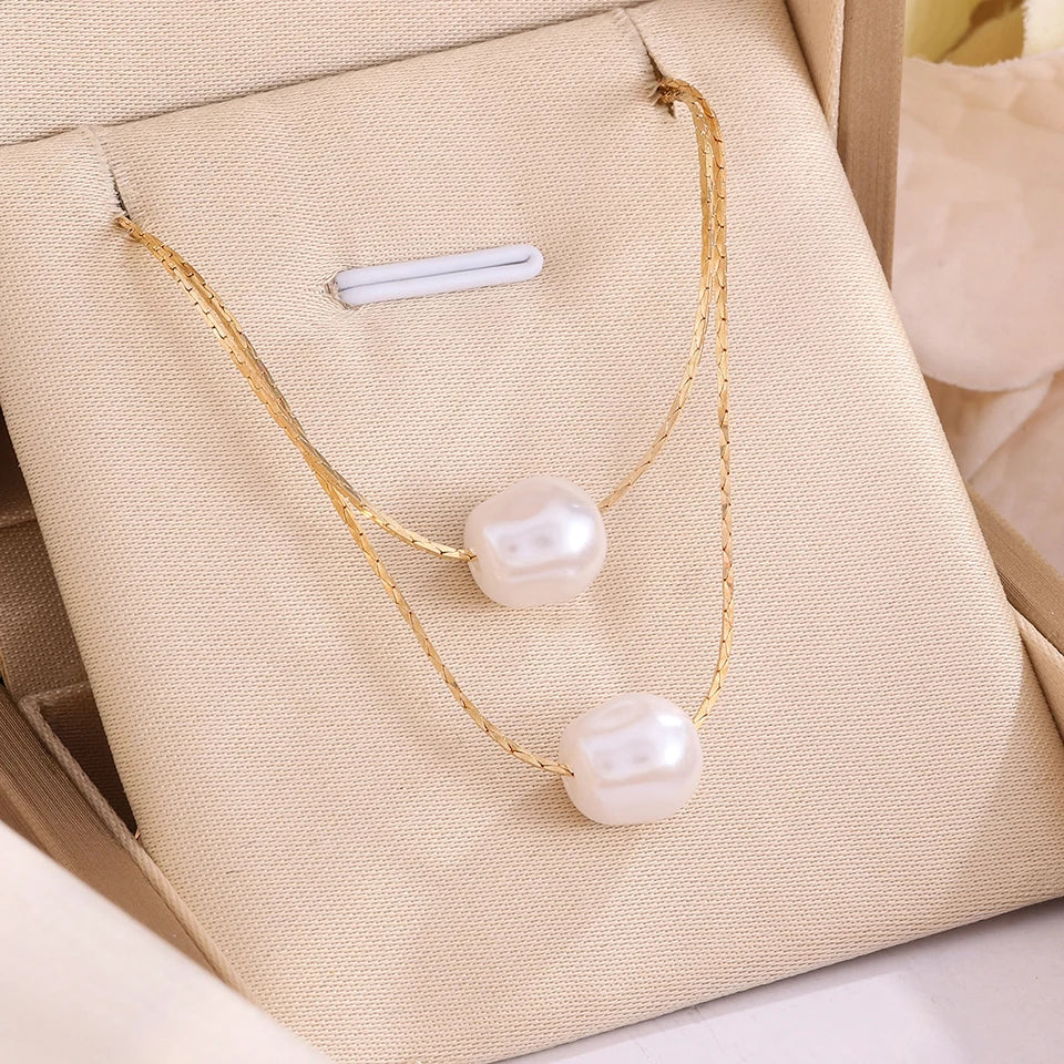 Lumière Chic™ Double-Layer Gold Snake Chain & Imitation Pearl Choker Necklace