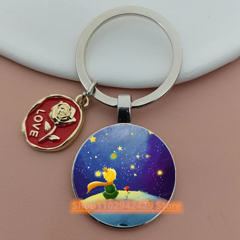 Little Prince Round Glass & Enamel Rose Keychain | DIY Handcrafted Car Keyring & Bag Charm