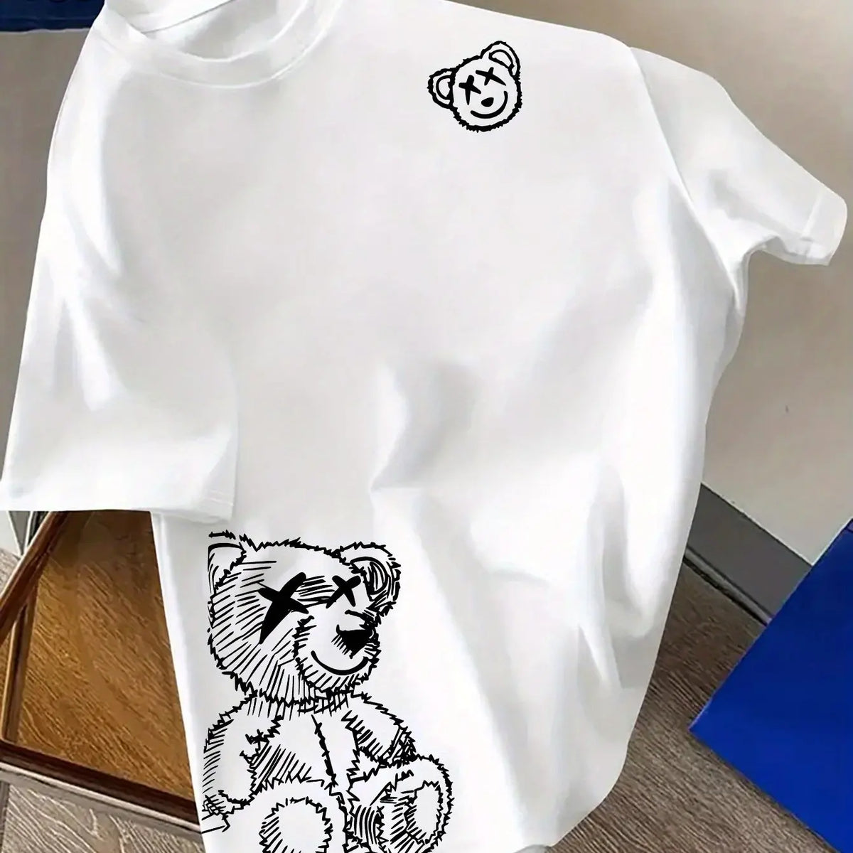 Men's 100% Pure Cotton Cartoon Bear Pattern Printed Casual Loose round Neck Short Sleeved T-Shirt Fashionable Sports Top