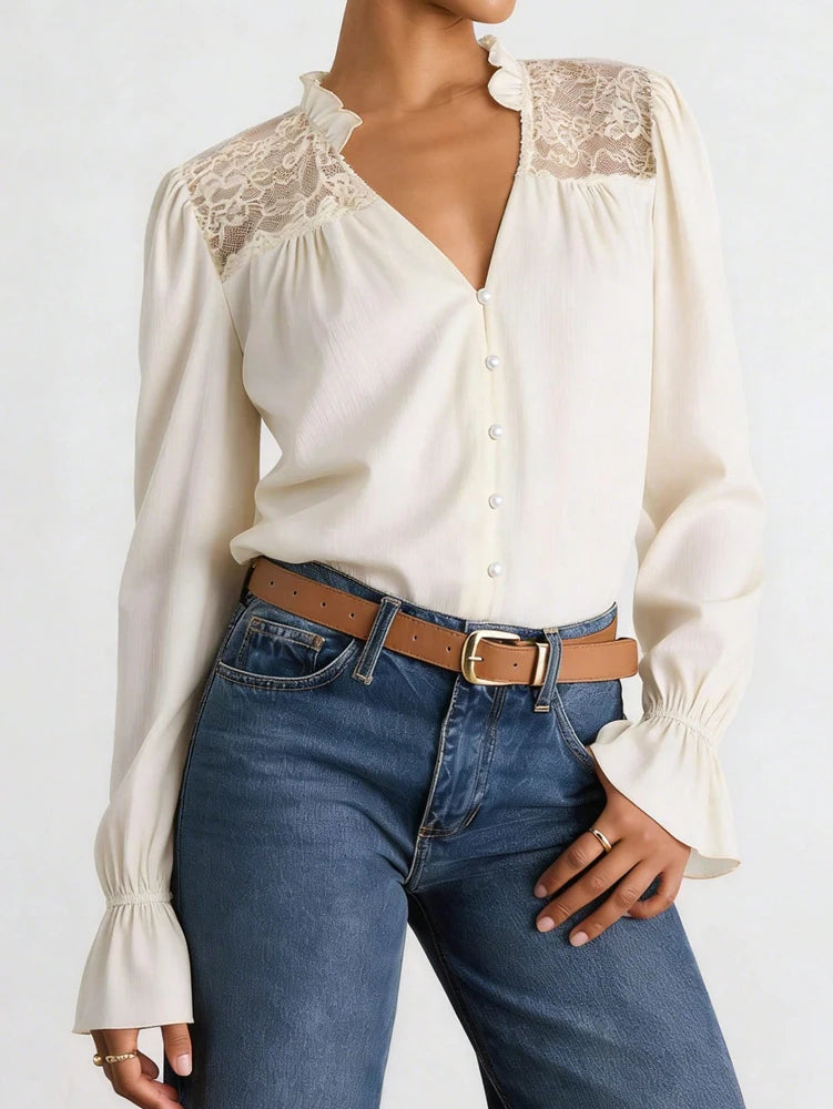 Fall 2026 New Arrival: Elegant Women's Patchwork Lace Long-Sleeve Shirt for Everyday Wear and Lounging at Home