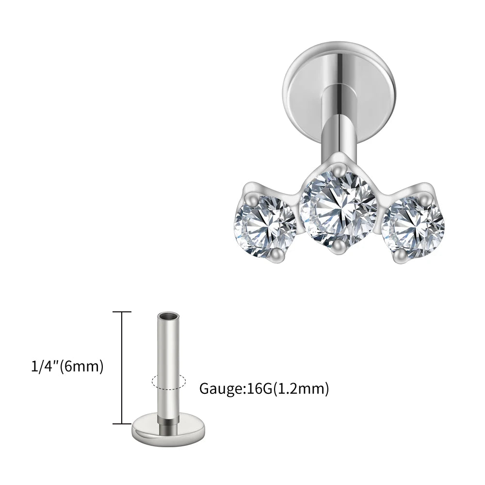 ASTM F136 Titanium 16G Triple CZ Cluster Flat Back Labret Piercing