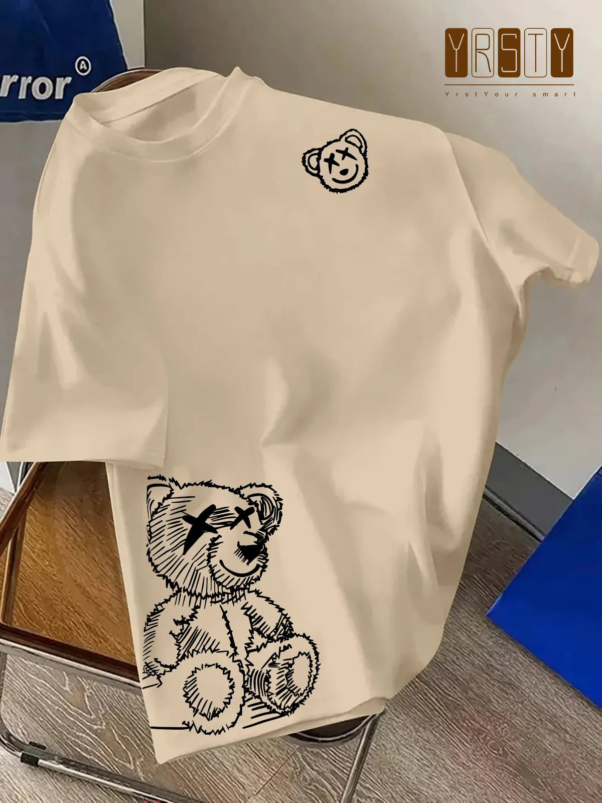Men's 100% Pure Cotton Cartoon Bear Pattern Printed Casual Loose round Neck Short Sleeved T-Shirt Fashionable Sports Top
