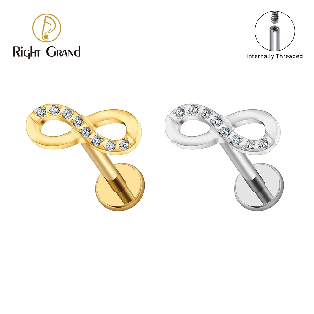 Right Grand ASTM F136 Titanium CZ Infinity Symbol Stud Earring 16G Cartilage Helix Tragus Stud Flat Back Labret Piercing Jewelry