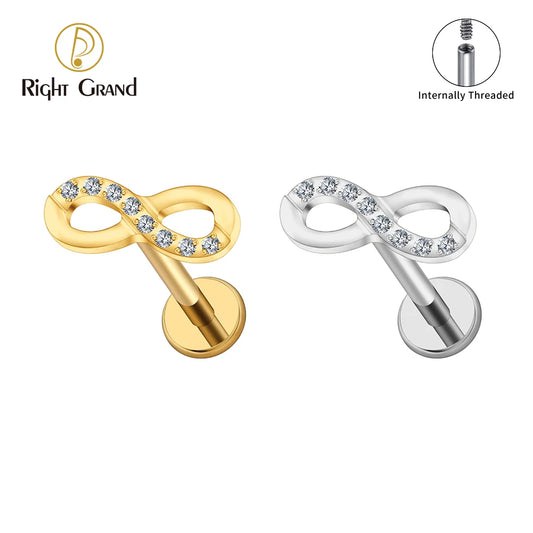 Right Grand ASTM F136 Titanium CZ Infinity Symbol Stud Earring 16G Cartilage Helix Tragus Stud Flat Back Labret Piercing Jewelry