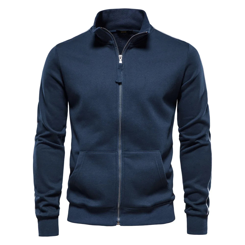 New Autumn-Winter Men's Versatile Casual Sports Hoodie Jacket: 50% Cotton, Stand Collar, Zipper, Long Sleeves, Cardigan