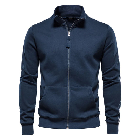 New Autumn-Winter Men's Versatile Casual Sports Hoodie Jacket: 50% Cotton, Stand Collar, Zipper, Long Sleeves, Cardigan