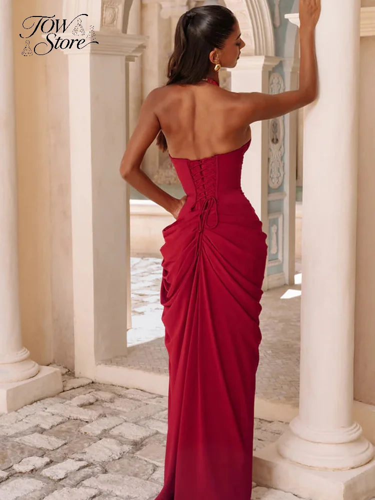 Women's Asymmetrical One-Shoulder Ruched Maxi Dress with Side Slit