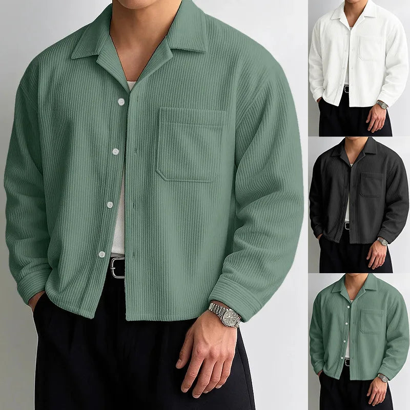 Men’s Corduroy Cropped Long-Sleeve Shirt – American Retro Loose Cardigan Top