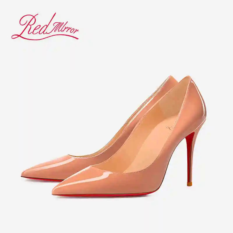 Women's Black Glossy Pointed-Toe Stiletto Pumps with Radiant Red Outsoles
