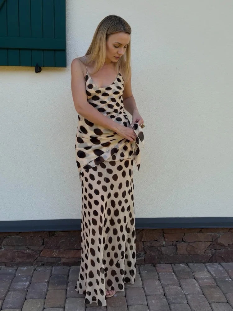 Women's Animal Print V-Neck Ruched Drawstring Slip Maxi Dress